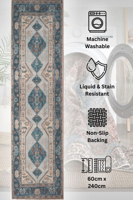 Kukoon Washable Runner Rug Blue Traditional Long Hallway Carpet Mat 60cm x 240cm in Teal - Size: 60 cm x 240 cm - image 1