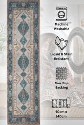 Kukoon Washable Runner Rug Blue Traditional Long Hallway Carpet Mat 60cm x 240cm in Teal - Size: 60 cm x 240 cm