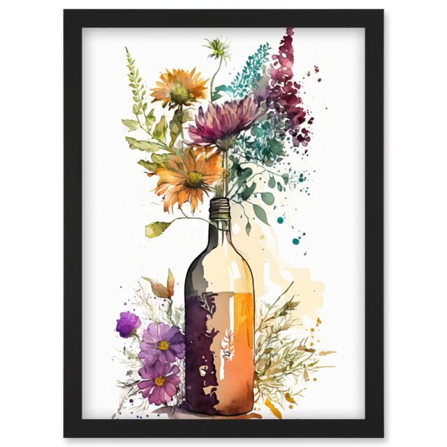 Artery8 Spring Wildflower Bouquet in a Glass Wine Bottle Artwork Framed Wall Art Print A4 in Black - image 1