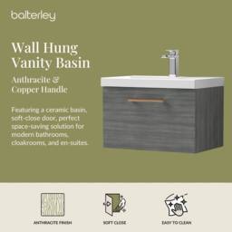 Balterley 600mm Wall Hung 1 Drawer Vanity, Woodgrain Anthracite, Copper Handle in Grey - thumbnail 2