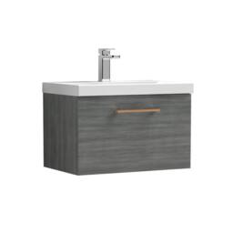 Balterley 600mm Wall Hung 1 Drawer Vanity, Woodgrain Anthracite, Copper Handle in Grey - thumbnail 1