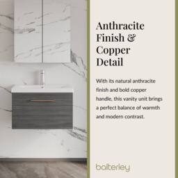 Balterley 600mm Wall Hung 1 Drawer Vanity, Woodgrain Anthracite, Copper Handle in Grey - thumbnail 3