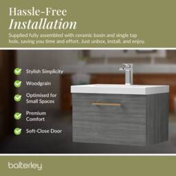Balterley 600mm Wall Hung 1 Drawer Vanity, Woodgrain Anthracite, Copper Handle in Grey - thumbnail 7
