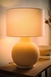ValueLights Blair Natural Linen Durm Shade Hand Finished Ceramic Stonewear Table Lamp in Beige - thumbnail 2