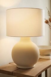 ValueLights Blair Natural Linen Durm Shade Hand Finished Ceramic Stonewear Table Lamp in Beige - thumbnail 1