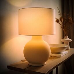ValueLights Blair Natural Linen Durm Shade Hand Finished Ceramic Stonewear Table Lamp in Beige - thumbnail 3