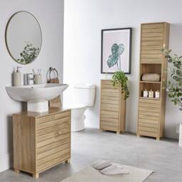 Havendro Tall Bathroom Cabinet Oak Wood Effect Bathroom Tallboy Storage in Light Oak - thumbnail 4