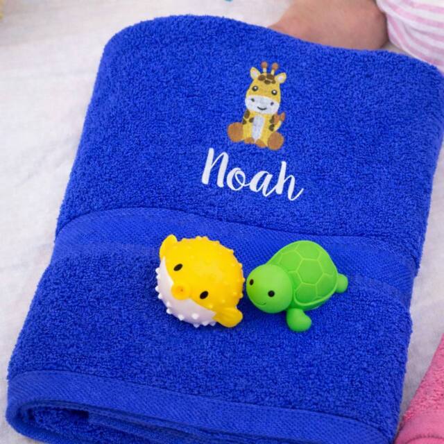 Duncan Stewart Kid's Personalised Giraffe Bath Towel in Royal - image 1