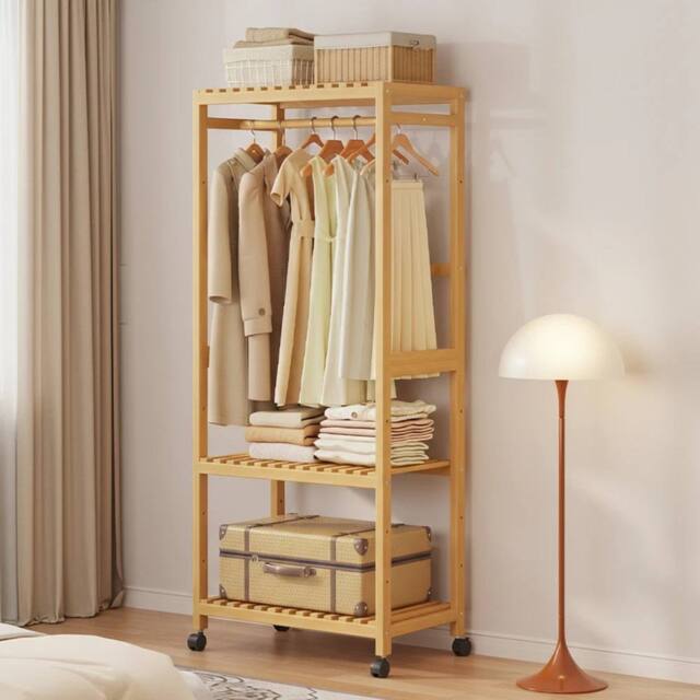 VOGREX New Bamboo Open Wardrobe Rack With Shelves & Hanging Rod in Beige - image 1