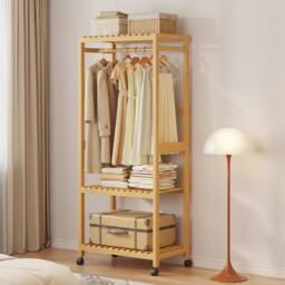 VOGREX New Bamboo Open Wardrobe Rack With Shelves & Hanging Rod in Beige - thumbnail 1