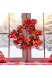 Living and Home Halloween Thanksgiving Fall Maple Leaf Pumpkin Wreath Artificial Wreath Front Door Decoration in Red - thumbnail 2