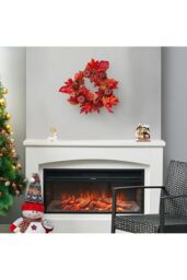 Living and Home Halloween Thanksgiving Fall Maple Leaf Pumpkin Wreath Artificial Wreath Front Door Decoration in Red - thumbnail 4