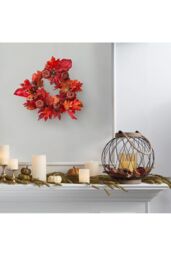 Living and Home Halloween Thanksgiving Fall Maple Leaf Pumpkin Wreath Artificial Wreath Front Door Decoration in Red - thumbnail 3