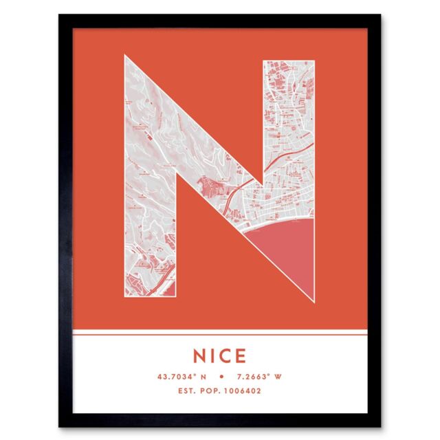 "Wee Blue Coo Wall Art Print Nice France City Map Modern Typography Stylish Letter Framed Word in Orange - Size: W12"" x H16""" - image 1