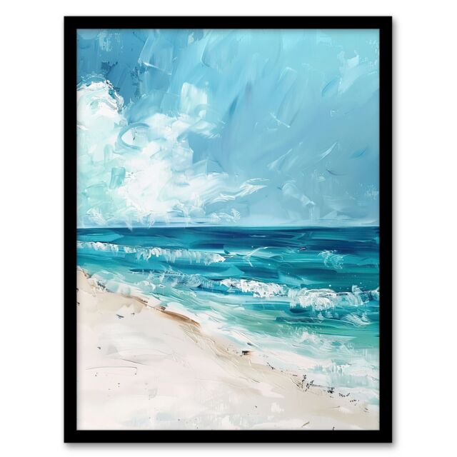 "Artery8 Ocean Waves on Sandy White Beach Oil Painting Framed Art Print in Blue - Size: W12"" x H16""" - image 1