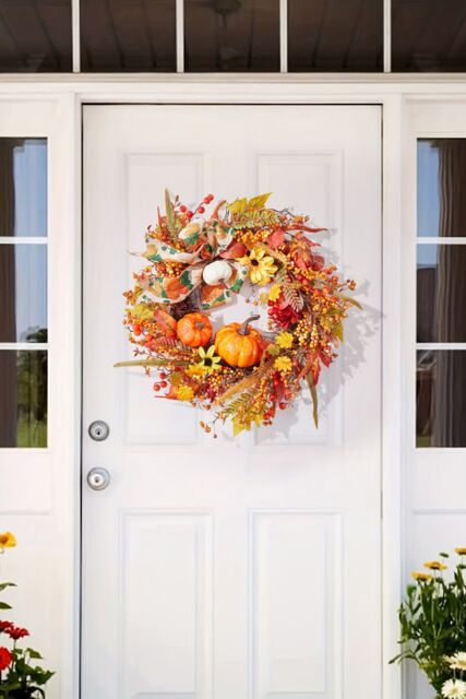Living and Home 50cm Halloween Artificial Pumpkin Berry String Maple Leaf PVC Decorative Wreath in Orange - image 1
