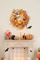 Living and Home 50cm Halloween Artificial Pumpkin Berry String Maple Leaf PVC Decorative Wreath in Orange - thumbnail 2