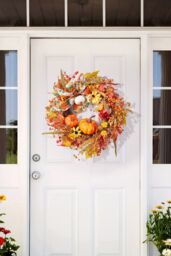 Living and Home 50cm Halloween Artificial Pumpkin Berry String Maple Leaf PVC Decorative Wreath in Orange - thumbnail 1