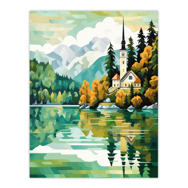 Artery8 Lake Bled Artwork Orange Green 17th Century Church On Slovenia Island Reflecting On Turquoise Water Large Wall Unframed Art Poster Print - image 1
