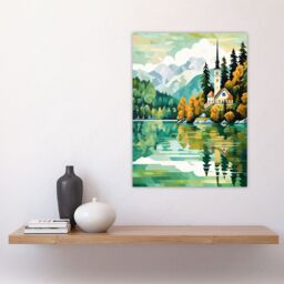 Artery8 Lake Bled Artwork Orange Green 17th Century Church On Slovenia Island Reflecting On Turquoise Water Large Wall Unframed Art Poster Print - thumbnail 4
