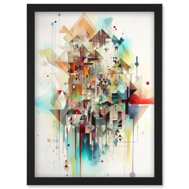 Artery8 Abstract Geometric Fractal Shapes Modern Watercolour Painting Artwork Framed Wall Art Print A4 in Black - image 1