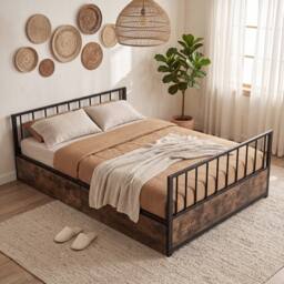Costway Industrial Platform Bed with Headboard & Footboard in Brown - thumbnail 7