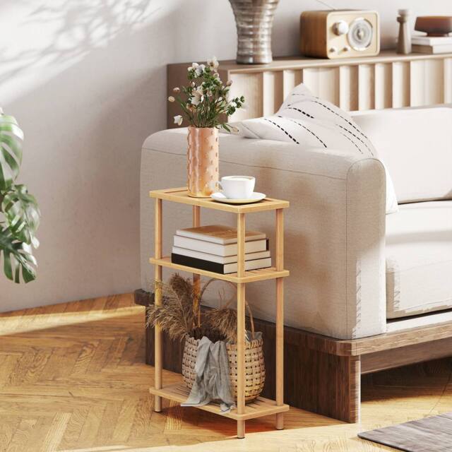 HOMCOM 3-Tier Slim End Table, Tool-Free Assembly, Natural Wood Finish - image 1