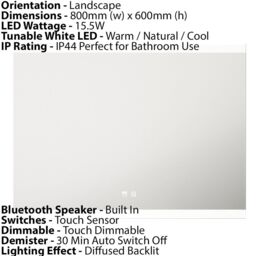 Loops 800 x 600mm LED Bathroom Mirror & Bluetooth Speaker -IP44 Demister Tunable White - thumbnail 4