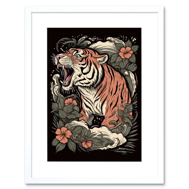 "Artery8 Wall Art Print Roaring Tiger Old School USA Tattoo Ink Body Art Rockabilly Americana 50s Artwork Framed 9X7 Inch in White - Size: W7"" x H9""" - image 1