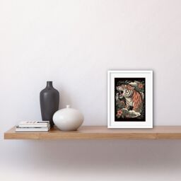 "Artery8 Wall Art Print Roaring Tiger Old School USA Tattoo Ink Body Art Rockabilly Americana 50s Artwork Framed 9X7 Inch in White - Size: W7"" x H9""" - thumbnail 2