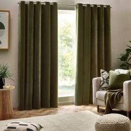 Yard Heavy Chenille Blackout Eyelet Curtain Pair in Olive - Size: 168 cm width x 229 cm drop - thumbnail 2