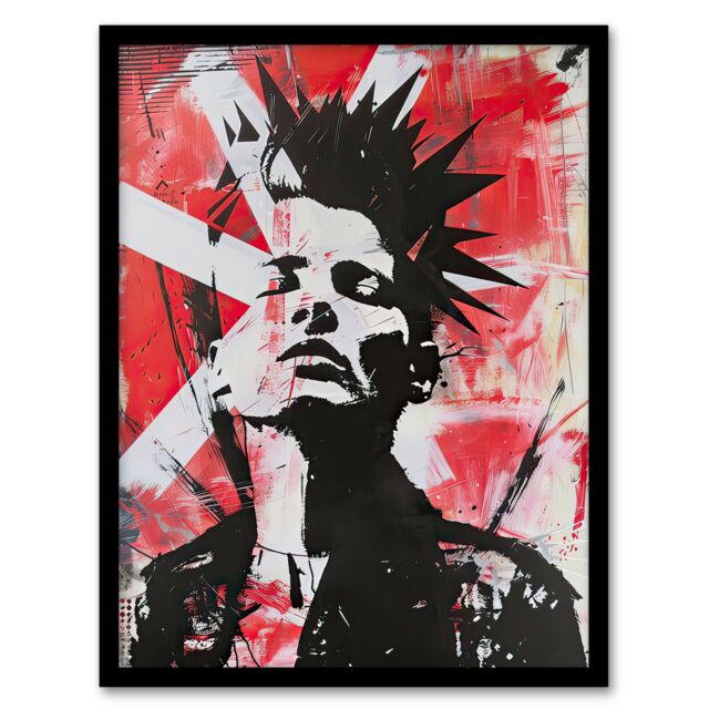 "Artery8 Red White Punk Portrait Street Art Mohawk Bold Framed Art Print - Size: W12"" x H16""" - image 1