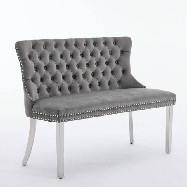 HomeTouch Home Touch Velvet Double Dining Bench Loveseat with Chrome Steel Legs in Grey - Size: 1 Pack - image 1
