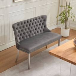 HomeTouch Home Touch Velvet Double Dining Bench Loveseat with Chrome Steel Legs in Grey - Size: 1 Pack - thumbnail 4