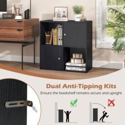 Costway 3-Tier Bookshelf with Dual Anti-Tipping Kits & 2 Cabinets in Black - thumbnail 6