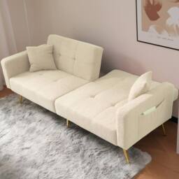 BTM Sofa Bed, 3 Adjustable Backrest Angles, Gold Legs, Storage Pockets in Beige - Size: A - thumbnail 7