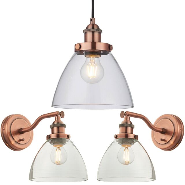 Loops Ceiling Pendant & 2x Matching Wall Light Pack Aged Copper & Clear Glass Shade - image 1