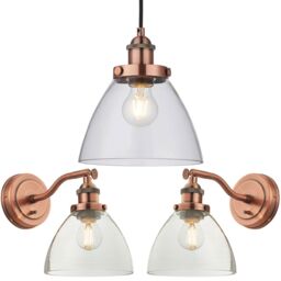 Loops Ceiling Pendant & 2x Matching Wall Light Pack Aged Copper & Clear Glass Shade - thumbnail 1