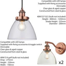 Loops Ceiling Pendant & 2x Matching Wall Light Pack Aged Copper & Clear Glass Shade - thumbnail 2