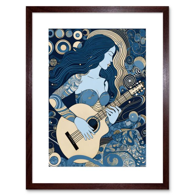 "Artery8 Wall Art Print Woman with Sleeve Tattoo Playing Guitar Music Artwork Framed 9X7 Inch in Brown - Size: W7"" x H9""" - image 1