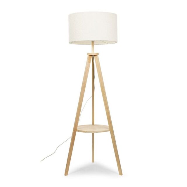 ValueLights Morrigan Wooden Tripod Floor Lamp & Cream Boucle Drum Shade & Bulb in Natural - image 1