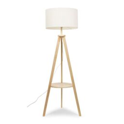 ValueLights Morrigan Wooden Tripod Floor Lamp & Cream Boucle Drum Shade & Bulb in Natural