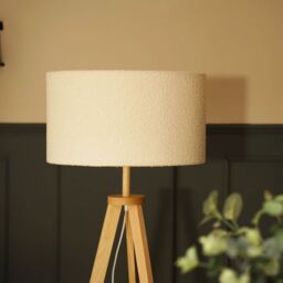 ValueLights Morrigan Wooden Tripod Floor Lamp & Cream Boucle Drum Shade & Bulb in Natural - thumbnail 2