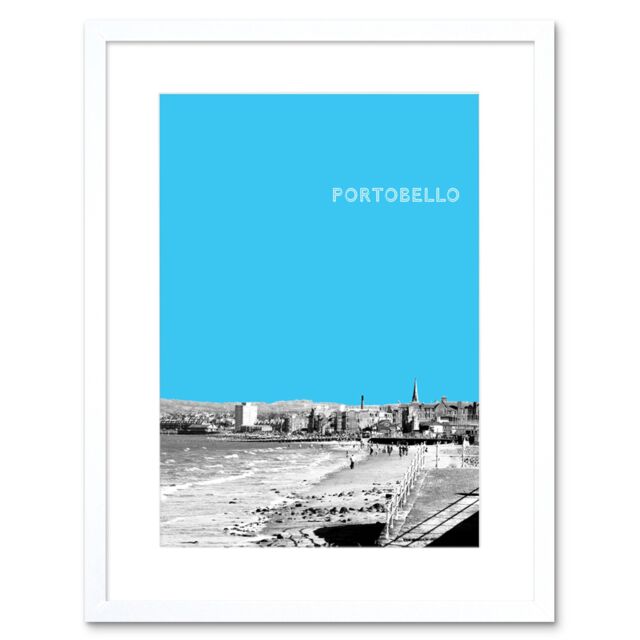 "Artery8 Wall Art Print Portobello Edinburgh Scotland Scottish Landmark Sky Blue Framed Art in White - Size: W7"" x H9""" - image 1