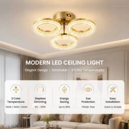 INMTFEI Gold 3-Ring LED Semi Flush Dimmable 3 Colour Modern Ceiling Light - thumbnail 3