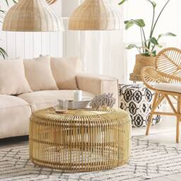Wyld and Coco Rustic Light Wood Rattan Coffee Table 84cm with Iron Drum Frame in Natural