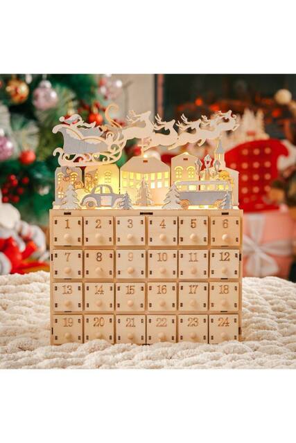Living and Home Christmas Wooden Advent Calendar LED Holiday Decoration with 24 Drawers in Beige - image 1