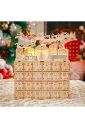 Living and Home Christmas Wooden Advent Calendar LED Holiday Decoration with 24 Drawers in Beige - thumbnail 1