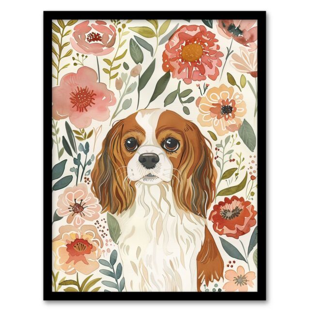 "Artery8 Cute Cavalier King Charles Spaniel in Wildflowers Framed Wall Art - Size: W12"" x H16""" - image 1