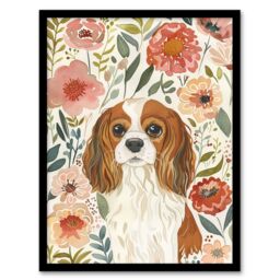 "Artery8 Cute Cavalier King Charles Spaniel in Wildflowers Framed Wall Art - Size: W12"" x H16""" - thumbnail 1